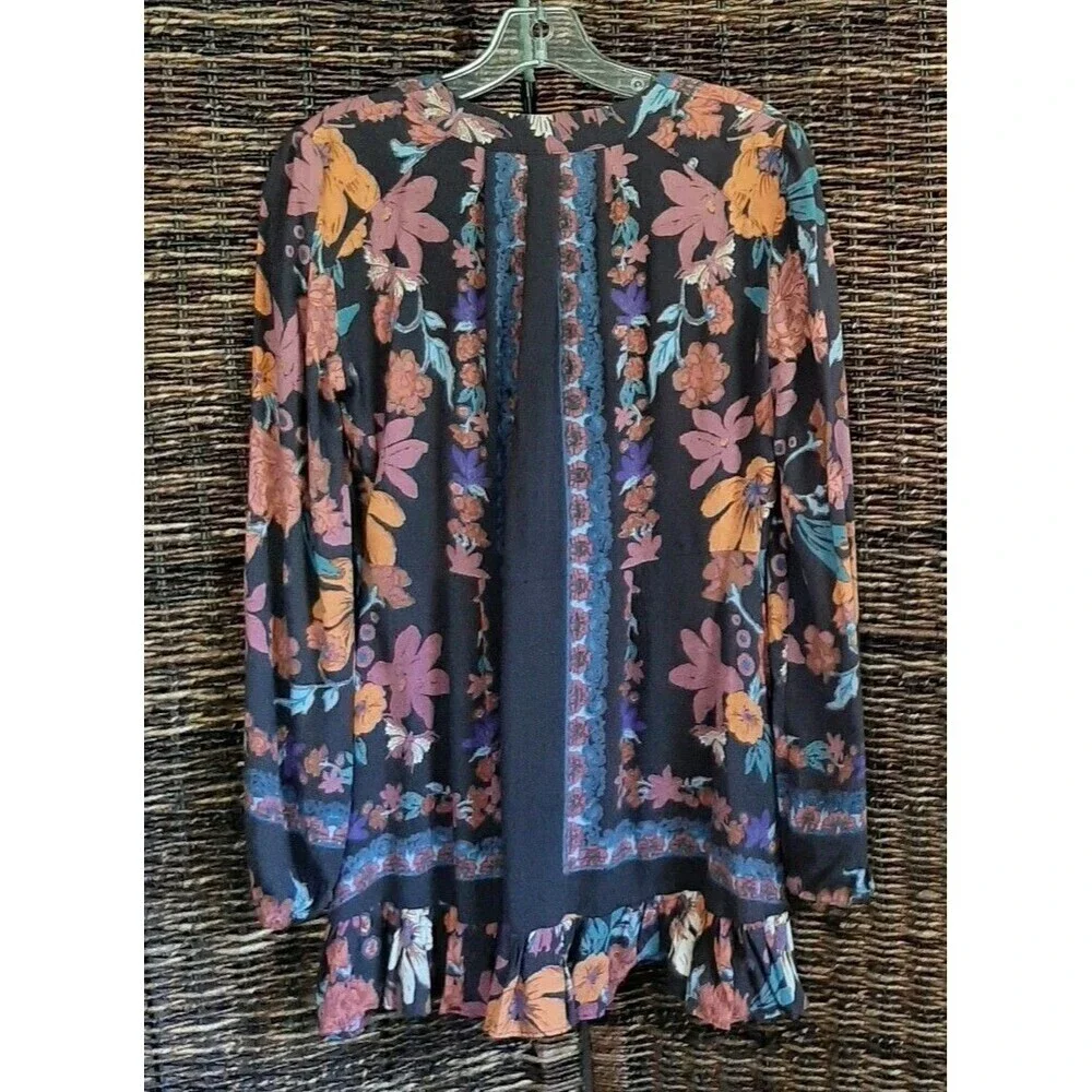 Free People Violet Hill Floral Tunic Mini Dress Women's 2 Gray Babydoll Plunge